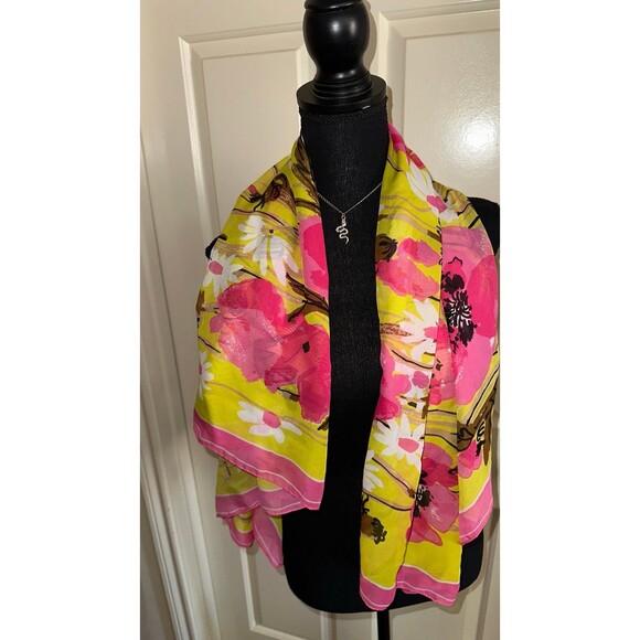 Vera Neumann large vintage Ladybug Pink Yellow Mod Floral Unique Scarf - Picture 4 of 8